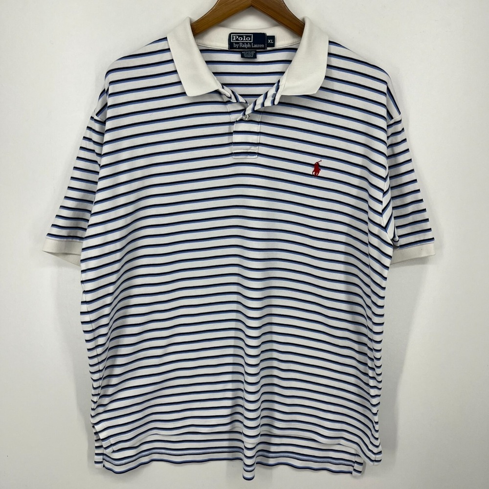 Polo Ralph Lauren Polo Shirt Men's‎ XL White Blue Striped Short Sleeve Pony Logo